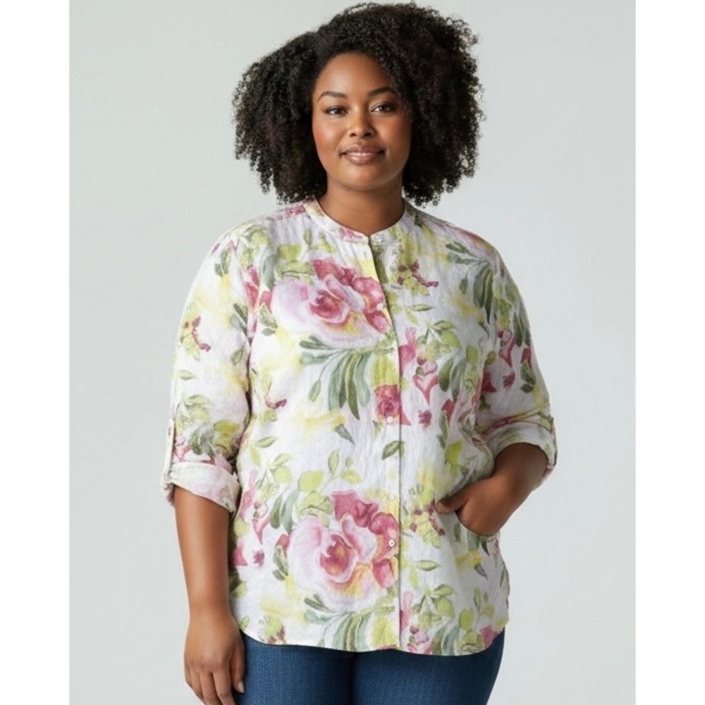 Go Silk Woman Size 3X 100% Linen Floral Button Up Blouse Mandarin Collar